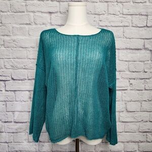 EILEEN FISHER Organic Linen Teal Open Weave Sweater Sz XL Boxy Fit Short Length